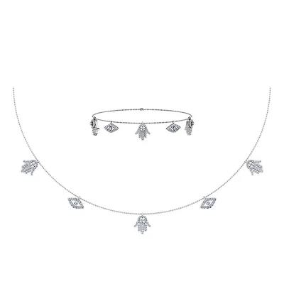14K White Gold Hamsa Hand Evil Eye Necklace Bracelet Set 1-1/4 Cttw