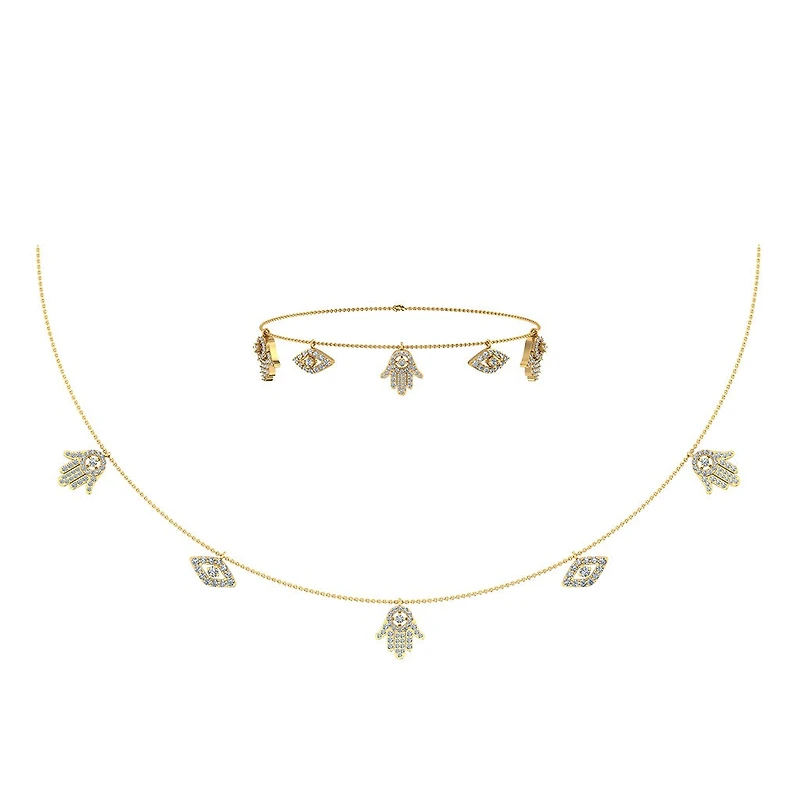 14K Yellow Gold Hamsa Hand Evil Eye Necklace Bracelet Set 1-1/4 Cttw