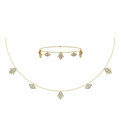 14K Yellow Gold Hamsa Hand Evil Eye Necklace Bracelet Set 1-1/4 Cttw