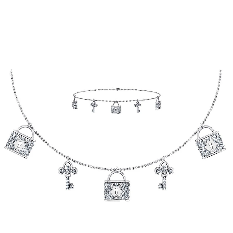 14K White Gold Lock & Key Necklace Bracelet Jewelry Set 5/8 Cttw