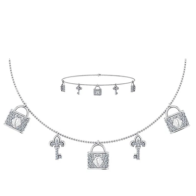 14K White Gold Lock & Key Necklace Bracelet Jewelry Set 5/8 Cttw