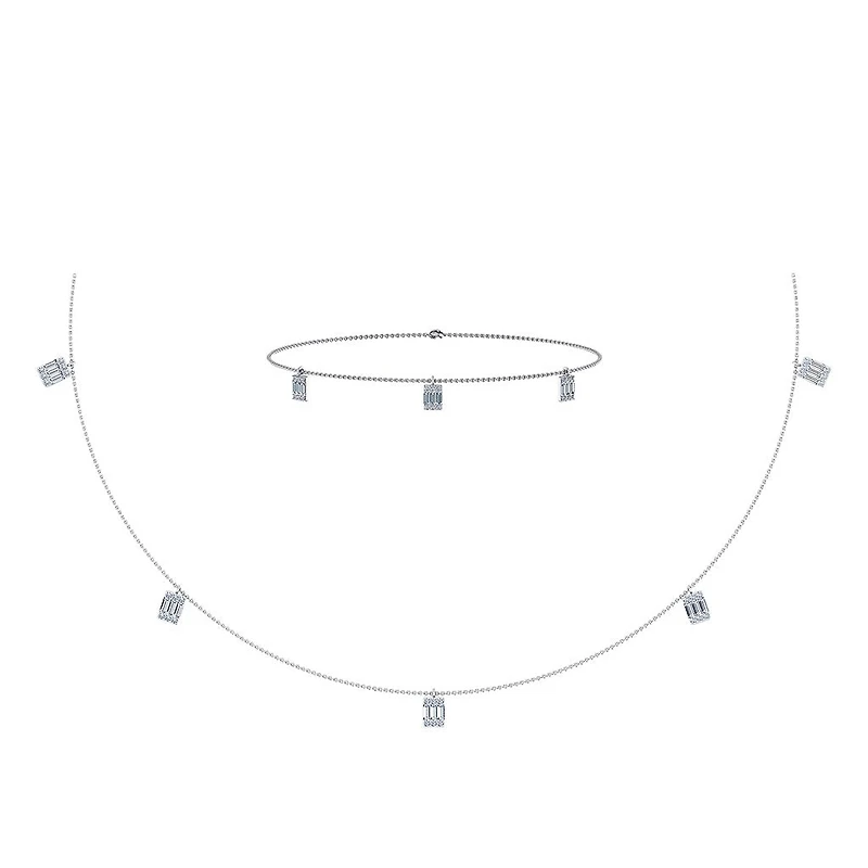 14K White Gold Baguette Link Necklace Bracelet Set 7/8 Cttw