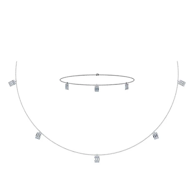 14K White Gold Baguette Link Necklace Bracelet Set 7/8 Cttw