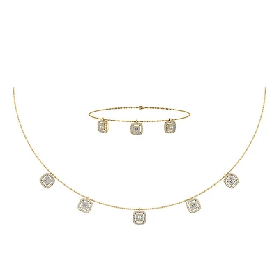 14K Gold Square Necklace Bracelet Set 1-1/3 Cttw