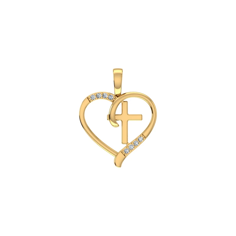 10K Yellow Gold Round Diamond Heart with Cross Pendant 1/25 Cttw