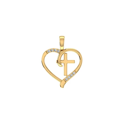 10K Yellow Gold Round Diamond Heart with Cross Pendant 1/25 Cttw