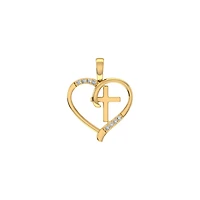 10K Yellow Gold Round Diamond Heart with Cross Pendant 1/25 Cttw