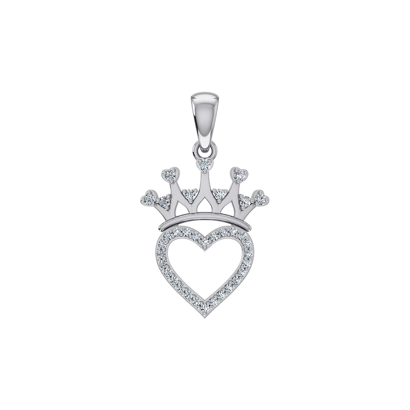 10K White Gold Round Diamond Heart Crown Pendant 1/10 Cttw