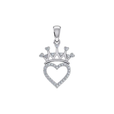 10K White Gold Round Diamond Heart Crown Pendant 1/10 Cttw