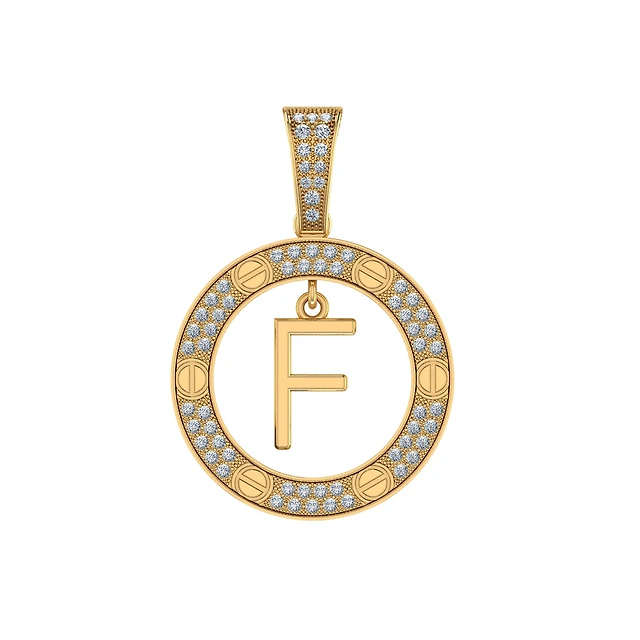 10K Yellow Gold Round Diamond F Letter Initial Pendant 1/5 CTTW