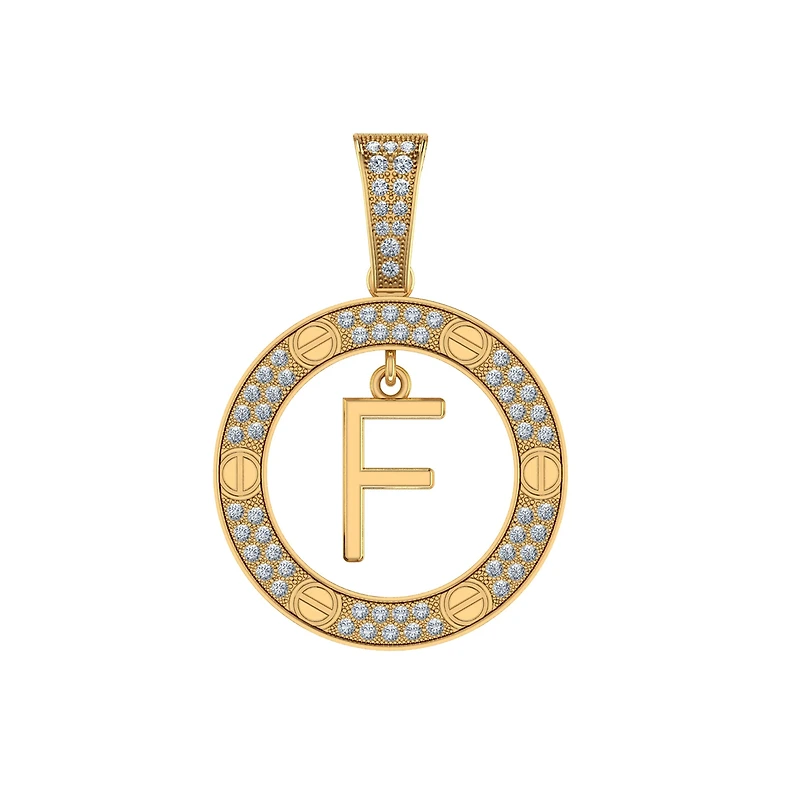 10K Yellow Gold Round Diamond F Letter Initial Pendant 1/5 CTTW