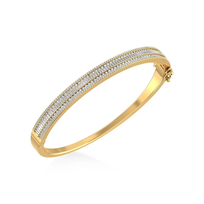 10K Yellow Gold Round Baguette Diamond Designer Bangle Bracelet 2 Cttw