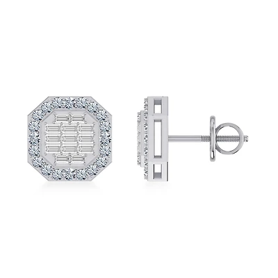 14K White Gold Round Baguette Diamond Designer Stud Earrings 1/2 Cttw