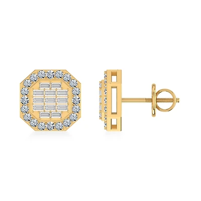 14K Yellow Gold Round Baguette Diamond Designer Stud Earrings 1/2 Cttw