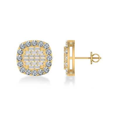 14K Gold Round Baguette Diamond Square Shape Stud Earrings Cttw