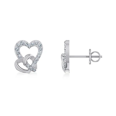10K White Gold Double Heart Designer Earrings 1/5 Cttw