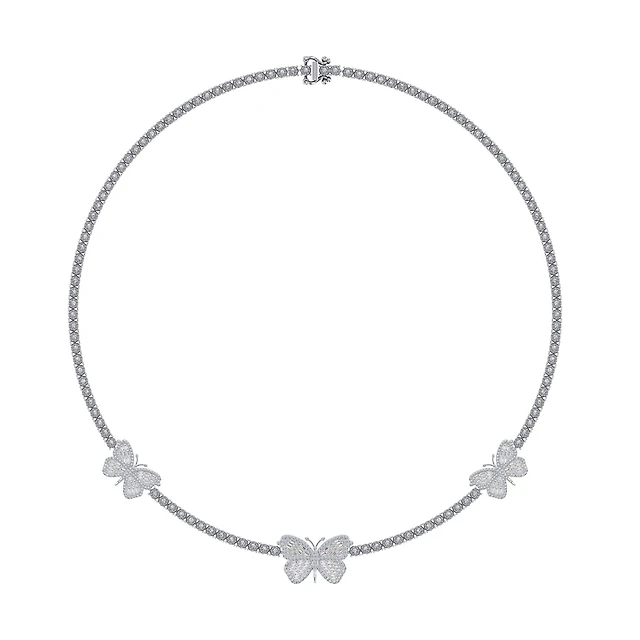 10K White Gold Round Baguette Diamond Butterfly Designer 18 Inch Necklace 1-7/8 Cttw