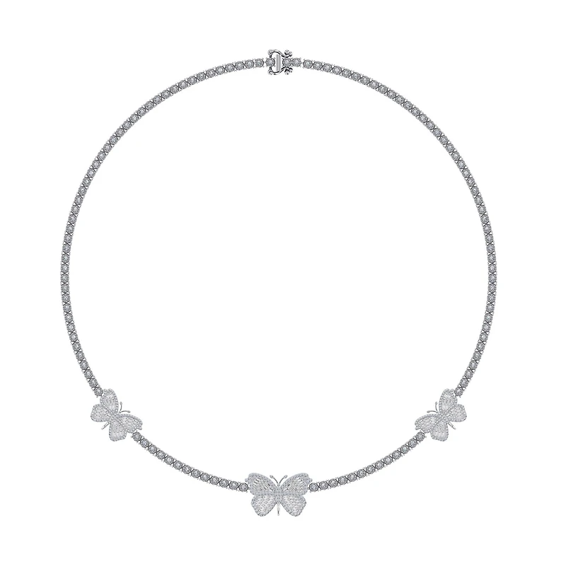 10K White Gold Round Baguette Diamond Butterfly Designer 18 Inch Necklace 1-7/8 Cttw