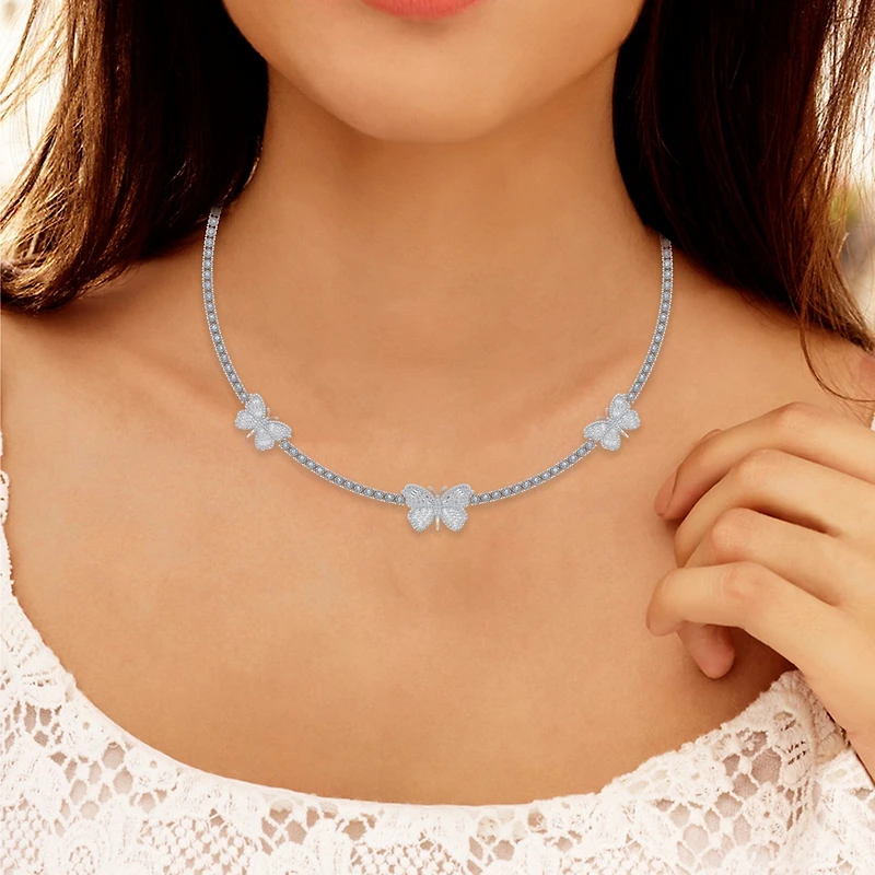 10K White Gold Round Baguette Diamond Butterfly Designer 18 Inch Necklace 1-7/8 Cttw