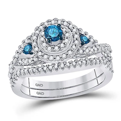 10kt White Gold Womens Round Blue Color Enhanced Diamond Bridal Wedding Ring Set 5/8 Cttw