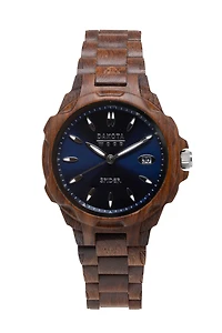Wood Spider Midsize - Red Sandalwood Case and Band. Blue Sunray Dial
