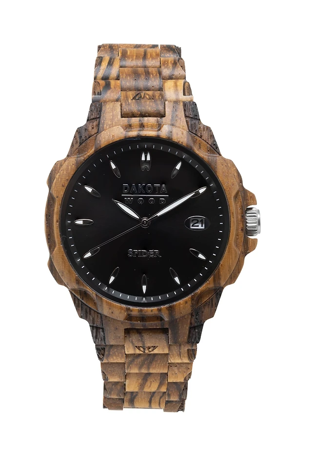 Wood Spider - Zebrawood Case and Band. Black Sunray Dial