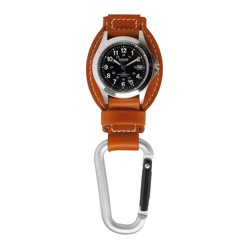 Leather Clip - Silver Case Black Dial Tan Holder