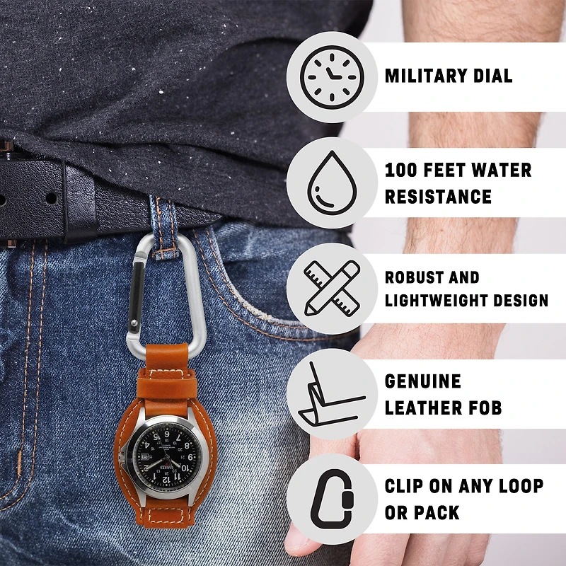 Leather Clip - Silver Case Black Dial Tan Holder
