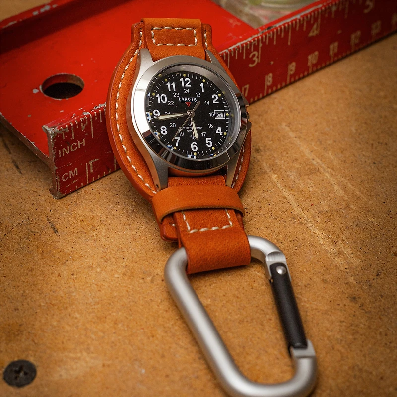 Leather Clip - Silver Case Black Dial Tan Holder