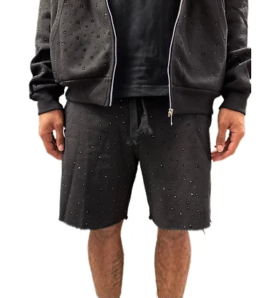 MANI Covered Rhinestone Sweat Shorts "Jet Black"