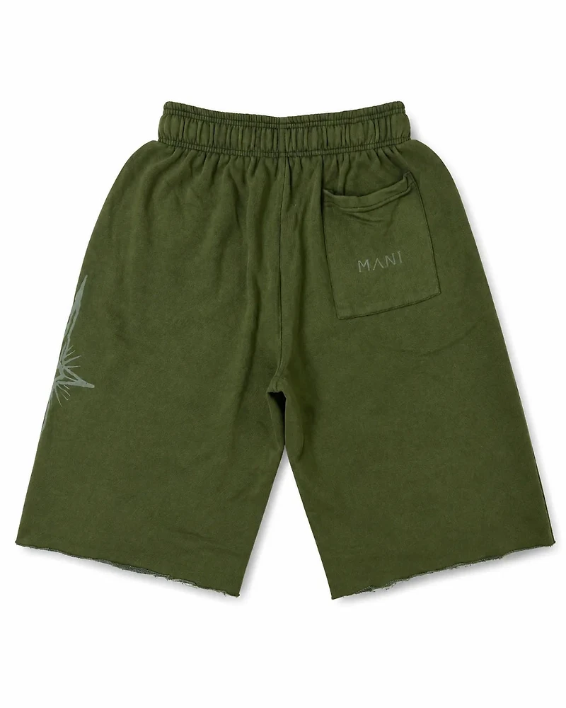 MANI Vertical Logo Washed Long Shorts Forest Green