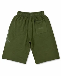 MANI Vertical Logo Washed Long Shorts Forest Green