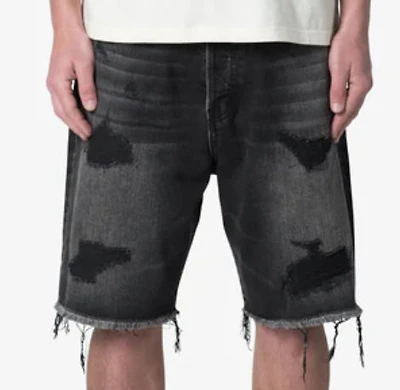 MNML Baggy Rip Denim Shorts Washed Black
