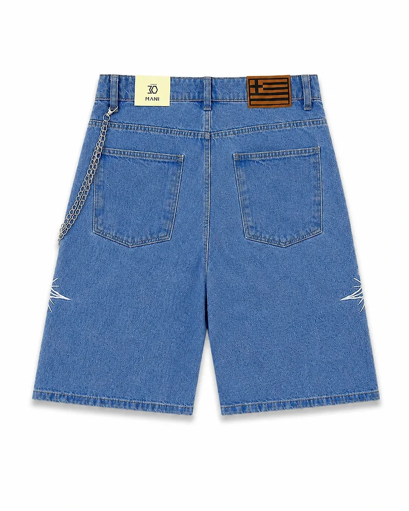 MANI Embroidered Logo Denim Shorts Light Blue