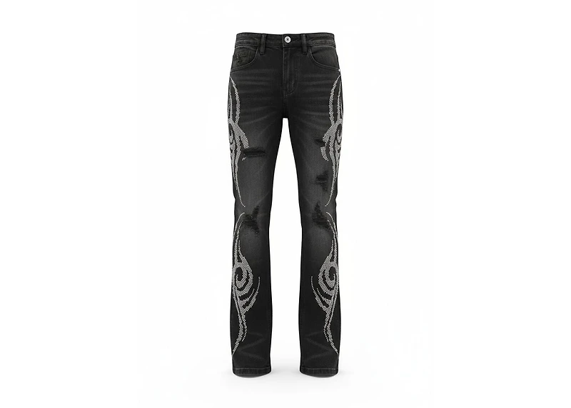 KND4887-BLACK TRIBAL RHINESTONE JEANS
