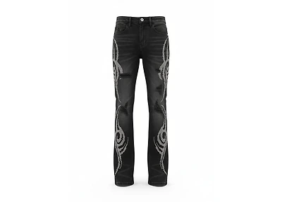 KND4887-BLACK TRIBAL RHINESTONE JEANS