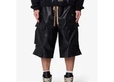 LEATHER RAVE CARGO SHORTS [BLACK]
