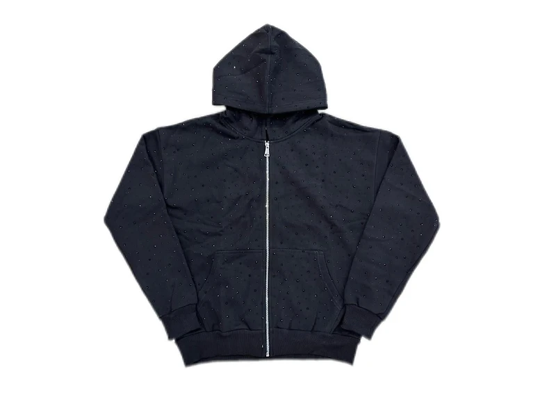 MANI Covered Rhinestone Zip-Up Hoodie "Jet Black"