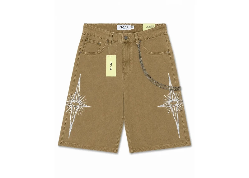 MANI Embroidered Logo Denim Shorts Khaki