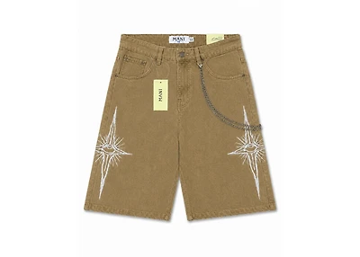 MANI Embroidered Logo Denim Shorts Khaki
