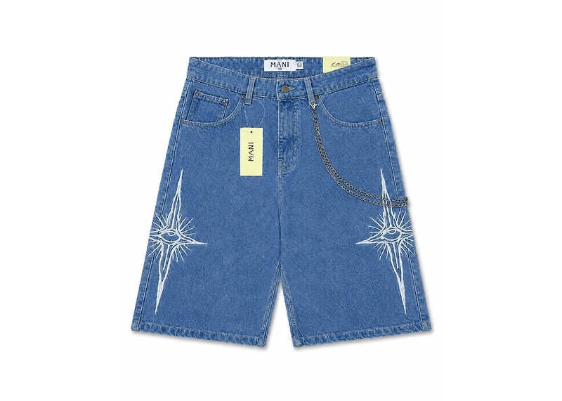 MANI Embroidered Logo Denim Shorts Light Blue