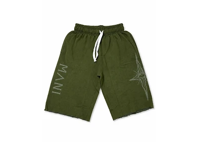 MANI Vertical Logo Washed Long Shorts Forest Green