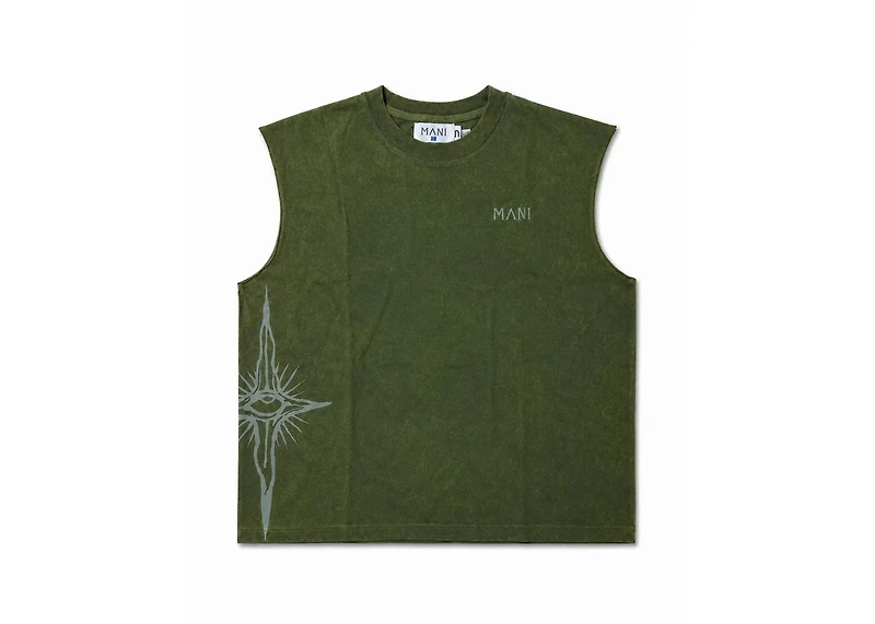 MANI Vertical Logo Washed Sleeveless Tee Forest Green