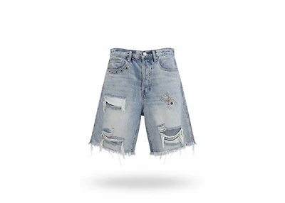 MNML Distressed Spider Denim Shorts Light Blue
