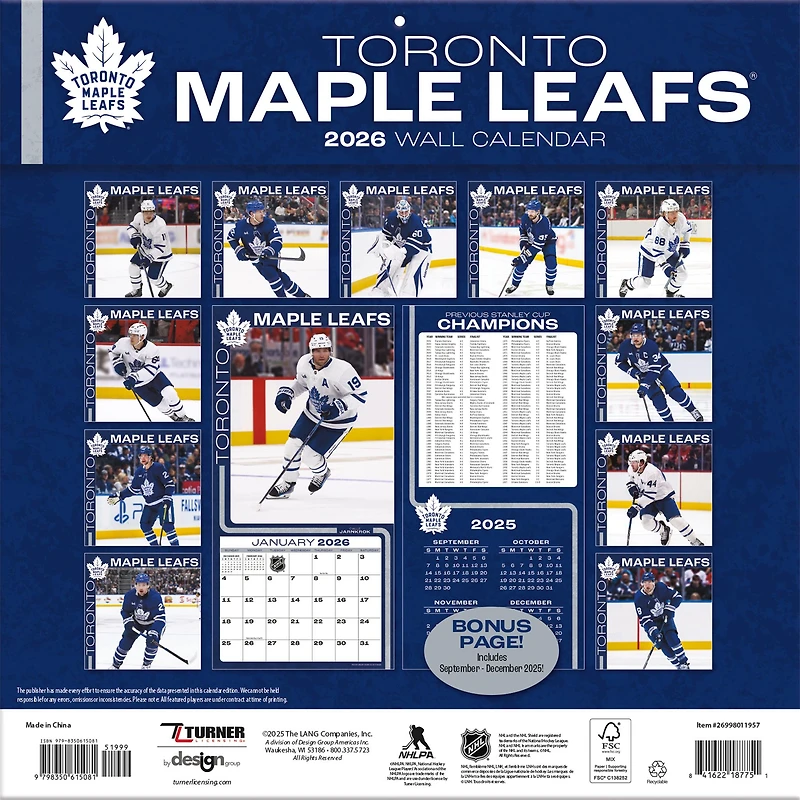 NHL Toronto Maple Leafs 2026 Wall Calendar