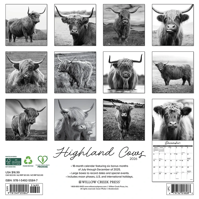 Highland Cows Black and White 2026 Wall Calendar