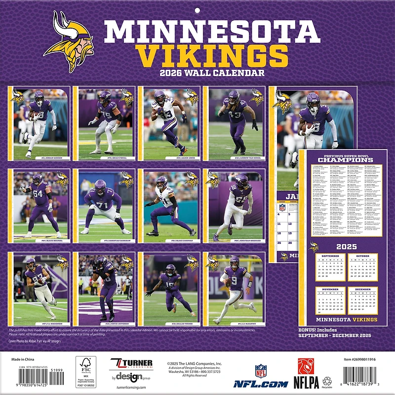 NFL Minnesota Vikings 2026 Wall Calendar