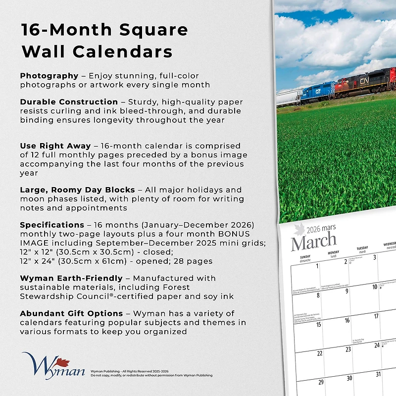 Canadian Trains Bilingual 2026 Wall Calendar