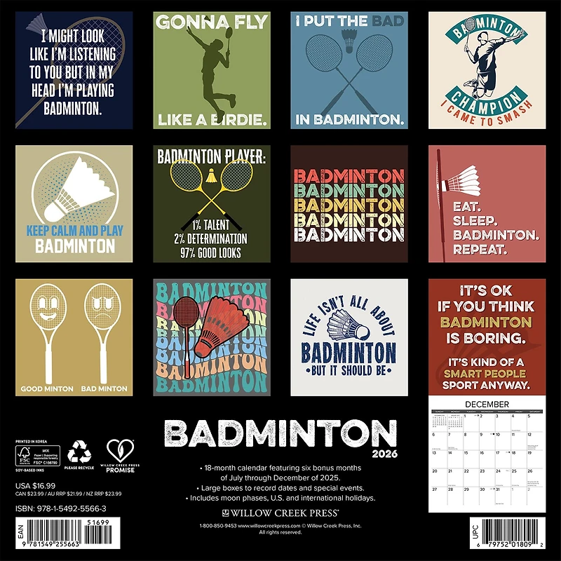 Badminton 2026 Wall Calendar - Online Only