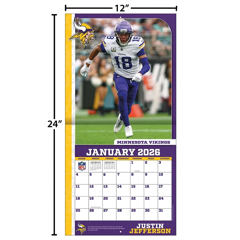 NFL  Justin Jefferson Minnesota Vikings 2026 Wall Calendar